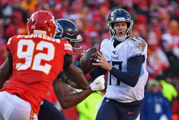 KANSAS CITY, MO - JANUARY 19: Quarterback Ryan Tannehill #17 of the Tennessee Titans rolls out as he looks down field, in the first half against the Kansas City Chiefs in the AFC Championship Game at Arrowhead Stadium on January 19, 2020 in Kansas City, Missouri. (Photo by Peter G. Aiken/Getty Images) KANSAS CITY, MO - JANUARY 19: Quarterback Ryan Tannehill #17 of the Tennessee Titans rolls out as he looks down field, in the first half against the Kansas City Chiefs in the AFC Championship Game at Arrowhead Stadium on January 19, 2020 in Kansas City, Missouri. (Photo by Peter G. Aiken/Getty Images)