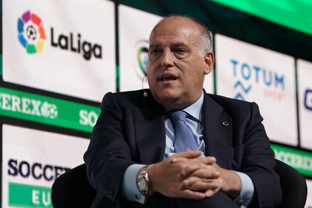 LISBON, PORTUGAL - SEPTEMBER 05: Javier Tebas President of La Liga talks during Day 1 of Soccerex Europe Convention at Tagus Park on September 5, 2019 in Lisbon, Portugal. (Photo by Gualter Fatia/Getty Images)