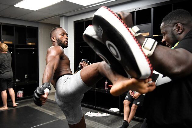 SAN ANTONIO, TEXAS - JULY 20:  Leon Edwards of Jamaica warms up backstage during the UFC Fight Night event at AT&T Center on July 20, 2019 in San Antonio, Texas. (Photo by Mike Roach/Zuffa LLC/Zuffa LLC via Getty Images)