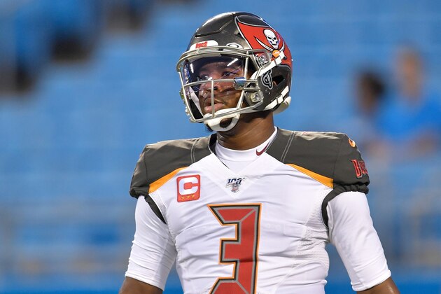 CHARLOTTE, NORTH CAROLINA - SEPTEMBER 12: Jameis Winston #3 of the Tampa Bay Buccaneers against the Carolina Panthers during the first quarter of their game at Bank of America Stadium on September 12, 2019 in Charlotte, North Carolina. (Photo by Grant Halverson/Getty Images)