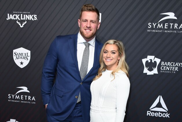 J. J. Watt and his girlfriend Kealia Ohai arrive for the 2017 Sports Illustrated Sportsperson of the Year Award Show on December 5, 2017, at Barclays Center in New York City.  / AFP PHOTO / ANGELA WEISS        (Photo credit should read ANGELA WEISS/AFP via Getty Images)