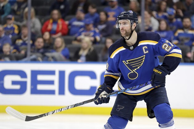 St. Louis Blues' Alex Pietrangelo in action during the third period of an NHL hockey game against the Florida Panthers Monday, March 9, 2020, in St. Louis. (AP Photo/Jeff Roberson)