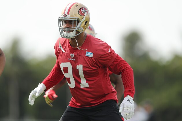 CORAL GABLES, FLORIDA - JANUARY 31: Arik Armstead #91 of the San Francisco 49ers stretches during practice for Super Bowl LIV at the Greentree Practice Fields on the campus of the University of Miami on January 31, 2020 in Coral Gables, Florida. (Photo by Michael Reaves/Getty Images)