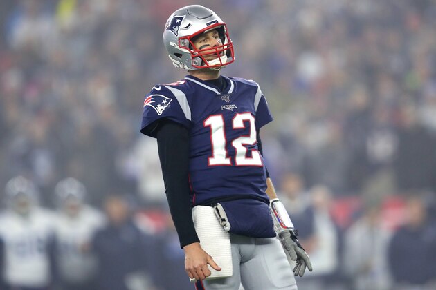 FOXBOROUGH, MASSACHUSETTS - JANUARY 04: Tom Brady #12 of the New England Patriots reacts during the the AFC Wild Card Playoff game against the Tennessee Titans at Gillette Stadium on January 04, 2020 in Foxborough, Massachusetts. (Photo by Maddie Meyer/Getty Images) FOXBOROUGH, MASSACHUSETTS - JANUARY 04: Tom Brady #12 of the New England Patriots reacts during the the AFC Wild Card Playoff game against the Tennessee Titans at Gillette Stadium on January 04, 2020 in Foxborough, Massachusetts. (Photo by Maddie Meyer/Getty Images)