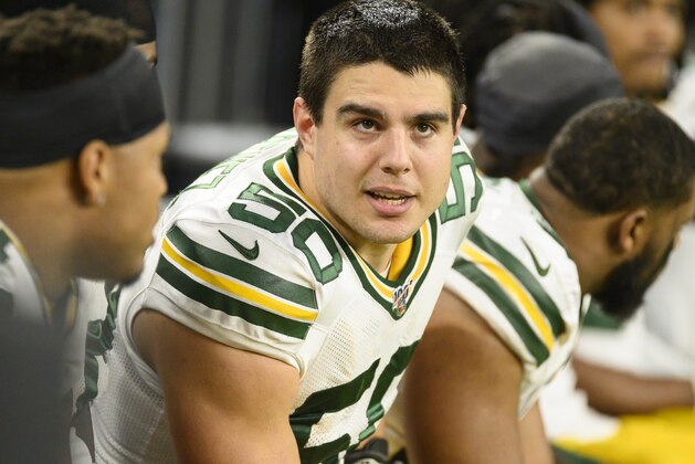 MINNEAPOLIS, MN - DECEMBER 23: Blake Martinez #50 of the Green Bay Packers on the sidelines in the second quarter of the game against the Minnesota Vikings at U.S. Bank Stadium on December 23, 2019 in Minneapolis, Minnesota. (Photo by Stephen Maturen/Getty Images)