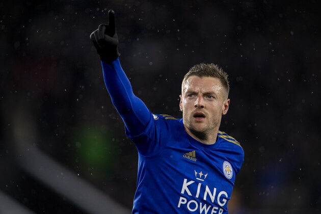 LEICESTER, ENGLAND - MARCH 09:  Jamie Vardy of Leicester City celebrates scoring his second goal during the Premier League match between Leicester City and Aston Villa at The King Power Stadium on March 09, 2020 in Leicester, United Kingdom. (Photo by Visionhaus)