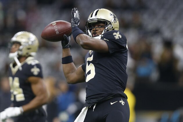 New Orleans Saints quarterback Teddy Bridgewater (5) warms up, before an NFL football game against the Carolina Panthers, Sunday, Nov. 24, 2019, in New Orleans. (AP Photo/Butch Dill)