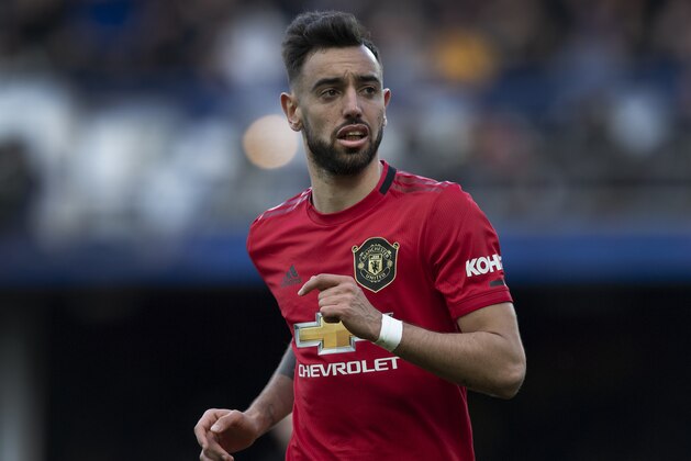 LIVERPOOL, ENGLAND - MARCH 01: Bruno Fernandes of Manchester United in action during the Premier League match between Everton FC and Manchester United at Goodison Park on March 01, 2020 in Liverpool, United Kingdom. (Photo by Visionhaus)