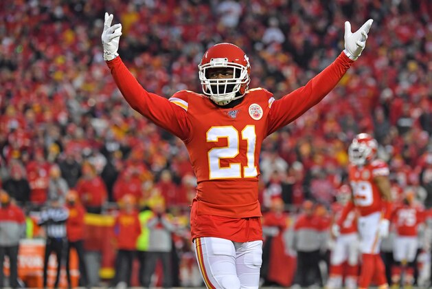 KANSAS CITY, MISSOURI - JANUARY 12: Defensive back Bashaud Breeland #21 of the Kansas City Chiefs celebrates in the second half during the AFC Divisional playoff game against the Houston Texans at Arrowhead Stadium on January 12, 2020 in Kansas City, Missouri. (Photo by Peter G. Aiken/Getty Images)