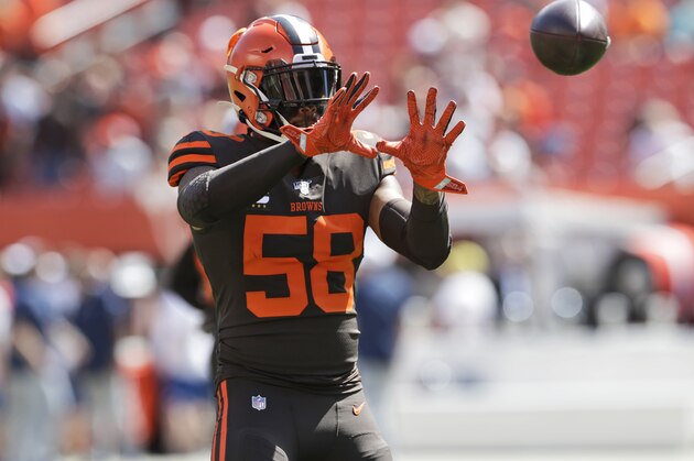 Cleveland Browns outside linebacker Christian Kirksey warms up before an NFL football game against the Tennessee Titans, Sunday, Sept. 8, 2019, in Cleveland. (AP Photo/Ron Schwane)