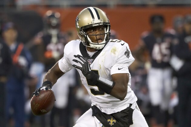 New Orleans Saints' Teddy Bridgewater scrambles during the second half of an NFL football game against the Chicago Bears in Chicago, Sunday, Oct. 20, 2019. (AP Photo/Charles Rex Arbogast)