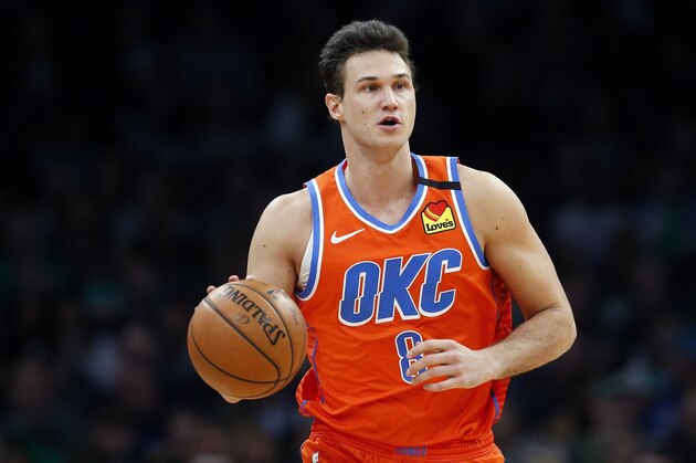 Oklahoma City Thunder's Danilo Gallinari plays against the Boston Celtics during an NBA basketball game, Sunday, March, 8, 2020, in Boston. (AP Photo/Michael Dwyer)