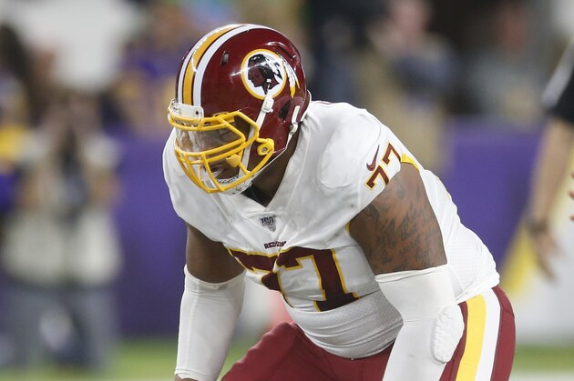 Washington Redskins tackle Ereck Flowers Sr. gets set against the Minnesota Vikings during the first half of an NFL football game, Thursday, Oct. 24, 2019, in Minneapolis. (AP Photo/Jim Mone)