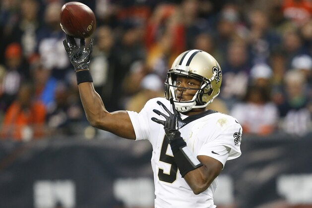 CHICAGO, ILLINOIS - OCTOBER 20: Teddy Bridgewater #5 of the New Orleans Saints  throws a pass during the second half against the Chicago Bears at Soldier Field on October 20, 2019 in Chicago, Illinois. (Photo by Nuccio DiNuzzo/Getty Images)