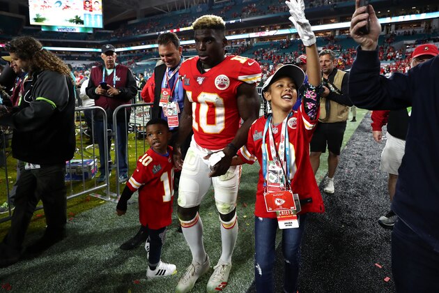 MIAMI, FLORIDA - FEBRUARY 02: Tyreek Hill #10 of the Kansas City Chiefs celebrates after defeating the San Francisco 49ers 31-20 in Super Bowl LIV at Hard Rock Stadium on February 02, 2020 in Miami, Florida. (Photo by Jamie Squire/Getty Images)