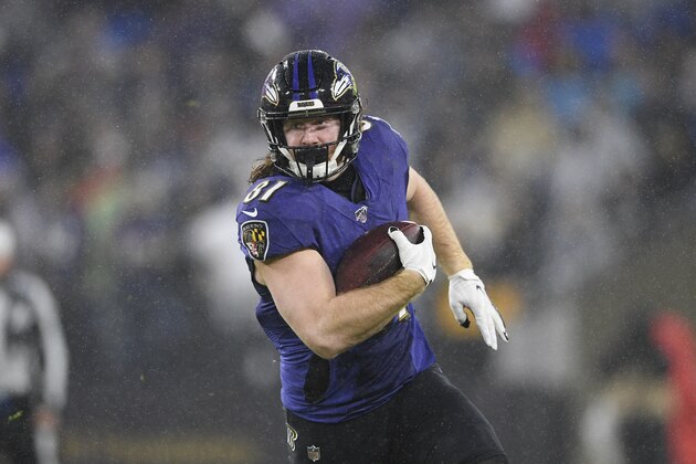 Baltimore Ravens tight end Hayden Hurst (81) runs with the ball during the first half of an NFL football game against the Pittsburgh Steelers, Sunday, Dec. 29, 2019, in Baltimore. (AP Photo/Nick Wass)