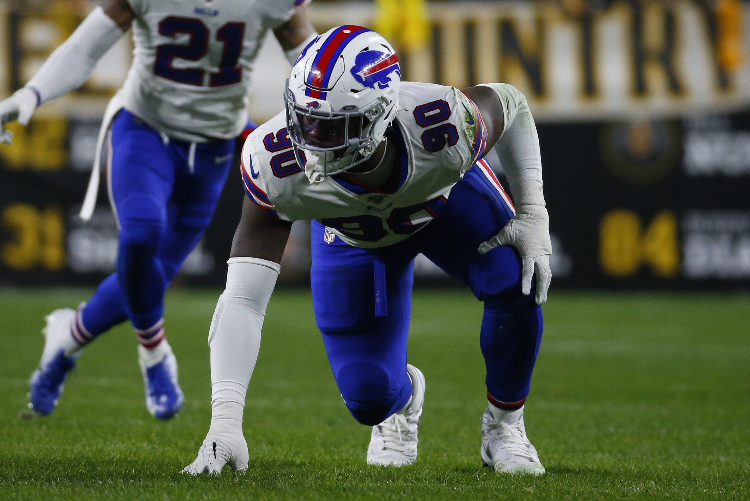 PITTSBURGH, PA - DECEMBER 15:  Shaq Lawson #90 of the Buffalo Bills in action against the Pittsburgh Steelers on December 15, 2019 at Heinz Field in Pittsburgh, Pennsylvania.  (Photo by Justin K. Aller/Getty Images)