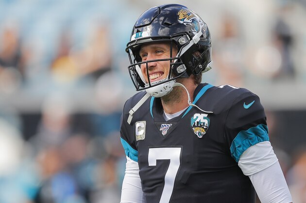 JACKSONVILLE, FLORIDA - DECEMBER 01: Nick Foles #7 of the Jacksonville Jaguars looks on before the start of a game against the Tampa Bay Buccaneers at TIAA Bank Field on December 01, 2019 in Jacksonville, Florida. (Photo by James Gilbert/Getty Images)