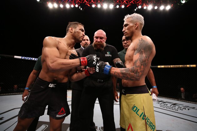 BRASILIA, BRAZIL - MARCH 14: (L-R) Opponents Kevin Lee and Charles Oliveira of Brazil face off prior to their lightweight fight during the UFC Fight Night event on March 14, 2020 in Brasilia, Brazil. (Photo by Buda Mendes/Zuffa LLC)
