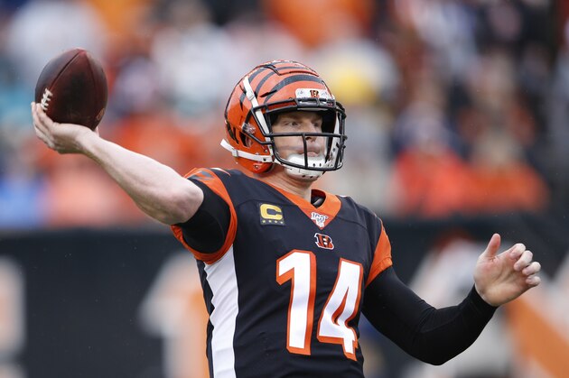 Cincinnati Bengals quarterback Andy Dalton throws during the first half of an NFL football game against the Cleveland Browns, Sunday, Dec. 29, 2019, in Cincinnati. (AP Photo/Gary Landers)