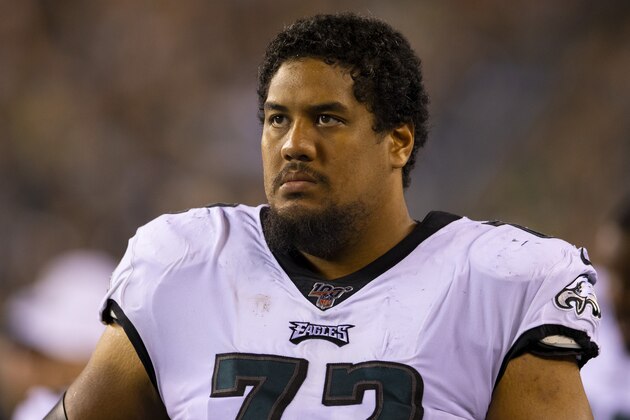 PHILADELPHIA, PA - AUGUST 22: Halapoulivaati Vaitai #72 of the Philadelphia Eagles looks on against the Baltimore Ravens in the preseason game at Lincoln Financial Field on August 22, 2019 in Philadelphia, Pennsylvania. (Photo by Mitchell Leff/Getty Images)
