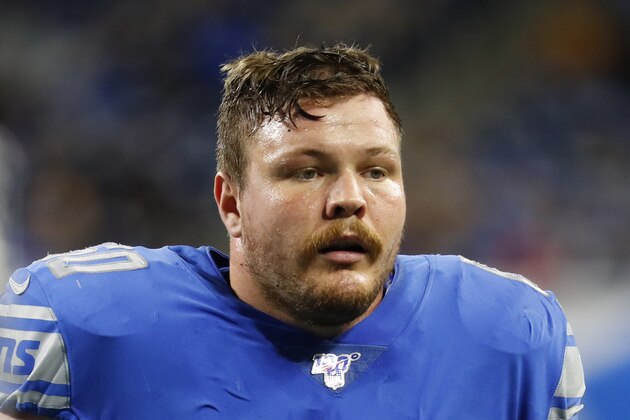 Detroit Lions offensive guard Graham Glasgow watches during an NFL football game against the New York Giants in Detroit, Sunday, Oct. 27, 2019. (AP Photo/Paul Sancya)