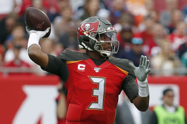 Tampa Bay Buccaneers quarterback Jameis Winston (3) throws a pass against the Houston Texans during the second half of an NFL football game Saturday, Dec. 21, 2019, in Tampa, Fla. (AP Photo/Mark LoMoglio)
