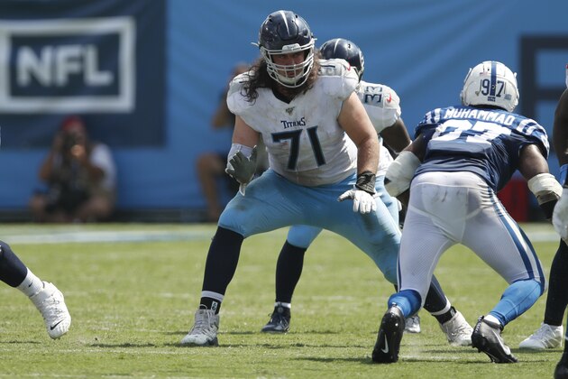 Tennessee Titans offensive tackle Dennis Kelly (71) set to block against the Indianapolis Colts during an NFL football game Sunday, Sept. 15, 2019, in Nashville, Tenn. The Colts won the game 19-17. (Jeff Haynes/AP Images for Panini)
