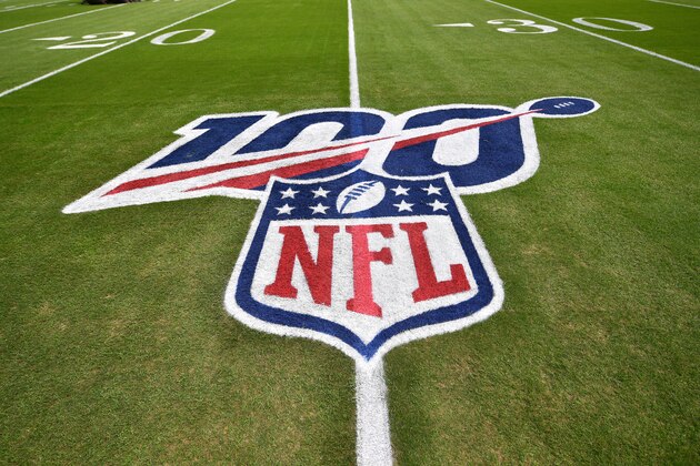 MIAMI, FLORIDA - DECEMBER 01: A general view of the NFL 100 logo on on the field prior to the game between the Miami Dolphins and the Philadelphia Eagles  at Hard Rock Stadium on December 01, 2019 in Miami, Florida. (Photo by Mark Brown/Getty Images)