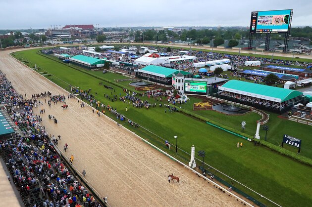 LOUISVILLE, KENTUCKY - MAY 04:  A general view of Maximum Security #7 and Country House #20 both being hotwalked while awaiting the outcome of a protest after the 145th running of the Kentucky Derby at Churchill Downs on May 04, 2019 in Louisville, Kentucky. Country House #20 was declared the winner after a stewards review disqualified Maximum Security #7. (Photo by Jamie Squire/Getty Images)