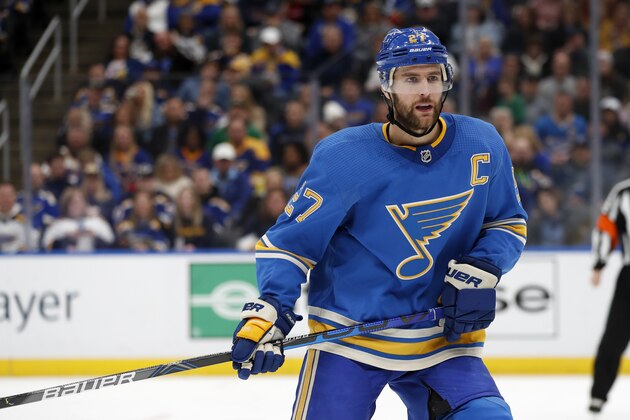 St. Louis Blues' Alex Pietrangelo in action during the third period of an NHL hockey game against the Dallas Stars Saturday, Feb. 8, 2020, in St. Louis. (AP Photo/Jeff Roberson)