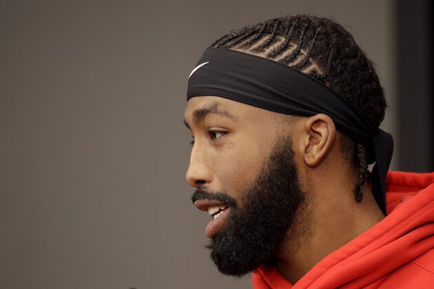 Kansas City Chiefs cornerback Kendall Fuller addresses the media at a NFL football news conference Thursday, Jan. 23, 2020 at Arrowhead Stadium in Kansas City, Mo. The Chiefs will face the San Francisco 49ers in Super Bowl 54. (AP Photo/Charlie Riedel)