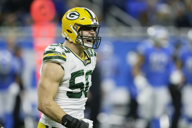 Green Bay Packers inside linebacker Blake Martinez reacts after a play during the second half of an NFL football game against the Detroit Lions, Sunday, Dec. 29, 2019, in Detroit. (AP Photo/Duane Burleson)