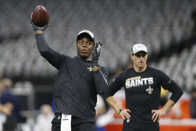 New Orleans Saints quarterback Teddy Bridgewater warms up before an NFL football game against the Carolina Panthers, Sunday, Nov. 24, 2019, in New Orleans. (AP Photo/Butch Dill)