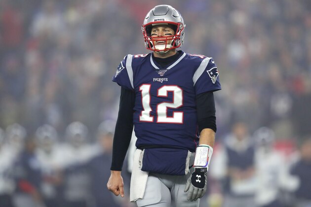 FOXBOROUGH, MASSACHUSETTS - JANUARY 04: Tom Brady #12 of the New England Patriots reacts during the the AFC Wild Card Playoff game against the Tennessee Titans at Gillette Stadium on January 04, 2020 in Foxborough, Massachusetts. (Photo by Maddie Meyer/Getty Images)
