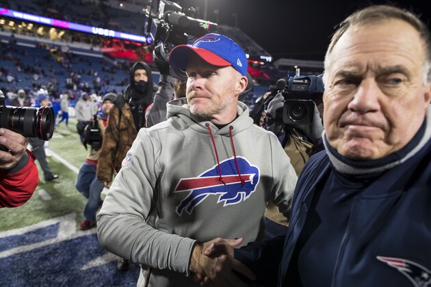 ORCHARD PARK, NY - OCTOBER 29:  Head coach Sean McDermott of the Buffalo Bills and head coach Bill Belichick of the New England Patriots shake hands after the game at New Era Field on October 29, 2018 in Orchard Park, New York. New England defeats Buffalo 25-6.  (Photo by Brett Carlsen/Getty Images)