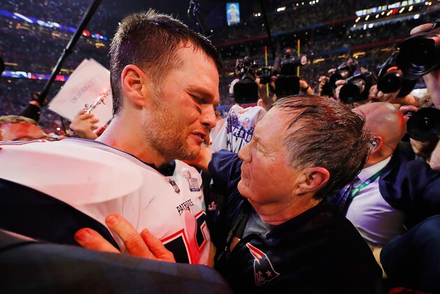 ATLANTA, GA - FEBRUARY 03:  Tom Brady #12 of the New England Patriots talks to head coach Bill Belichick of the New England Patriots after the Patriots defeat the Rams 13-3 during Super Bowl LIII at Mercedes-Benz Stadium on February 3, 2019 in Atlanta, Georgia.  (Photo by Kevin C. Cox/Getty Images)