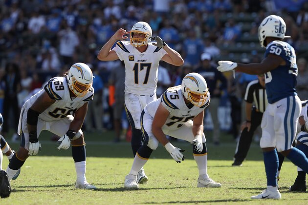 CARSON, CALIFORNIA - SEPTEMBER 08:  Philip Rivers #17 of the Los Angeles Chargers calls a play as Anthony Walker #50 of the Indianapolis Colts looks on during the second half of a game at Dignity Health Sports Park on September 08, 2019 in Carson, California. (Photo by Sean M. Haffey/Getty Images)