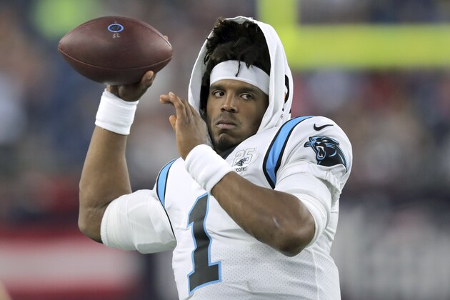 Carolina Panthers quarterback Cam Newton warms up before an NFL preseason football game against the New England Patriots, Thursday, Aug. 22, 2019, in Foxborough, Mass. (AP Photo/Charles Krupa)
