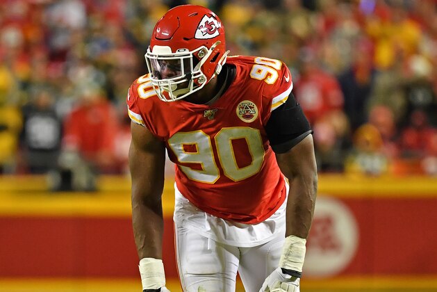 KANSAS CITY, MO - OCTOBER 27:  Defensive end Emmanuel Ogbah #90 of the Kansas City Chiefs gets set on defense against the Green Bay Packers during the second half at Arrowhead Stadium on October 27, 2019 in Kansas City, Missouri. (Photo by Peter G. Aiken/Getty Images)