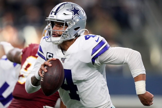 ARLINGTON, TEXAS - DECEMBER 29: Dak Prescott #4 of the Dallas Cowboys scrambles in the second quarter against the Washington Redskins in the game at AT&T Stadium on December 29, 2019 in Arlington, Texas. (Photo by Tom Pennington/Getty Images)