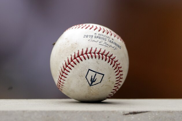 A spring training baseball ball with a Cactus League logo sits on a dugout wall during a game between the Arizona Diamondbacks and Los Angeles Angels Thursday, March 21, 2019, in Scottsdale, Ariz. (AP Photo/Elaine Thompson)