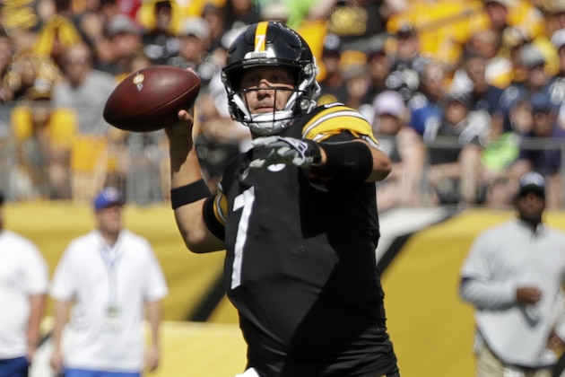 Pittsburgh Steelers quarterback Ben Roethlisberger (7) throws a pass during the first half of an NFL football game against the Seattle Seahawks, Sunday, Sept. 15, 2019, in Pittsburgh. Roethlisberger did not play the second half due to an injury to his right elbow. (AP Photo/Gene J. Puskar) Pittsburgh Steelers quarterback Ben Roethlisberger (7) throws a pass during the first half of an NFL football game against the Seattle Seahawks, Sunday, Sept. 15, 2019, in Pittsburgh. Roethlisberger did not play the second half due to an injury to his right elbow. (AP Photo/Gene J. Puskar)
