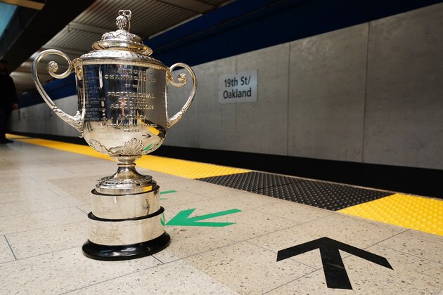 SAN FRANCISCO, CALIFORNIA - FEBRUARY 17: A detailed view of the Wanamaker Trophy at the 19th Street BART Station on February 17, 2020 in Oakland, California. (Photo by Daniel Shirey/Getty Images for Fleishman)