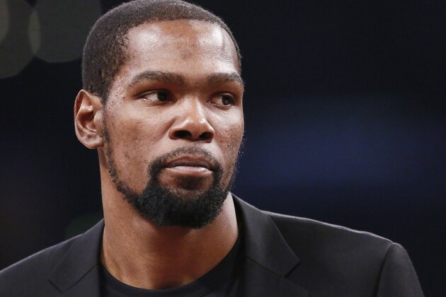 LOS ANGELES, CA - MARCH 10: Kevin Durant looks on during a game at the Staples Center on March 10, 2020 in Los Angeles, CA. NOTE TO USER: User expressly acknowledges and agrees that, by downloading and or using this photograph, User is consenting to the terms and conditions of the Getty Images License Agreement. Mandatory Credit: 2020 NBAE (Photo by Chris Elise/NBAE via Getty Images)