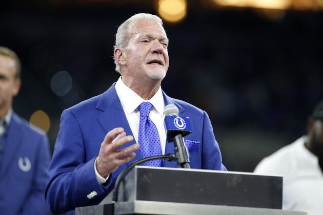 INDIANAPOLIS, INDIANA - NOVEMBER 10: Indianapolis Colts owner Jim Irsay talks to the fans during the Dwight Freeney induction to the Indianapolis Colts Ring of Honor at Lucas Oil Stadium on November 10, 2019 in Indianapolis, Indiana. (Photo by Justin Casterline/Getty Images)