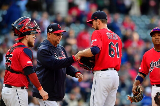 CLEVELAND, OHIO - APRIL 06: Manager Terry Francona #77 of the Cleveland Indians removes relief pitcher Dan Otero #61 from the game during the seventh inning against the Toronto Blue Jays at Progressive Field on April 06, 2019 in Cleveland, Ohio. (Photo by Jason Miller/Getty Images)