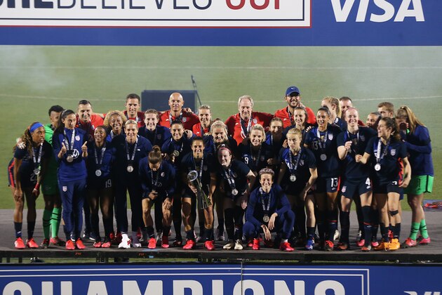 FRISCO, TX - MARCH 11: Captain Carli Lloyd #10 of the USA holds the SheBelieves Trophy after a match against Japan as part of 2020 SheBelieves Cup at Toyota Stadium on March 11, 2020 in Frisco, Texas. (Photo by Omar Vega/Getty Images)