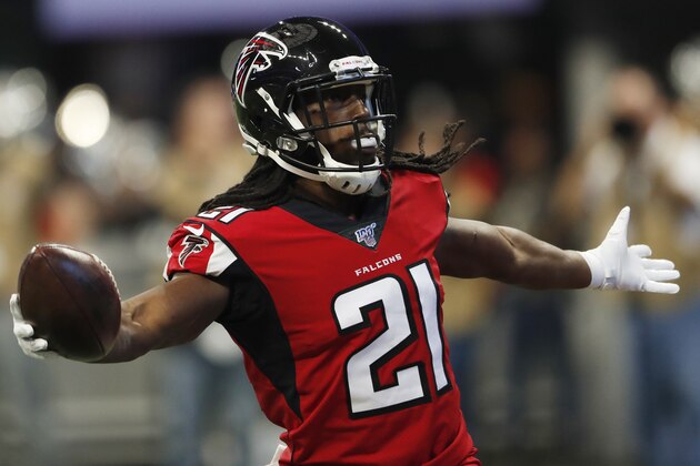 Atlanta Falcons cornerback Desmond Trufant (21) celebrates an interception against the Tampa Bay Buccaneers during the first half of an NFL football game, Sunday, Nov. 24, 2019, in Atlanta. (AP Photo/John Bazemore)