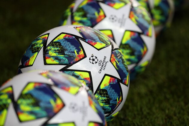 BRUGGE, BELGIUM - OCTOBER 22: Detailed view of the Champions League logo is seen on a ball prior to the UEFA Champions League group A match between Club Brugge KV and Paris Saint-Germain at Jan Breydel Stadium on October 22, 2019 in Brugge, Belgium. (Photo by Catherine Ivill/Getty Images)